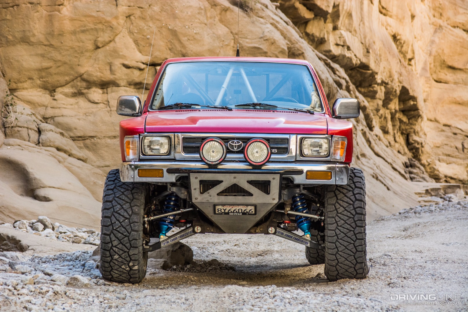 Long travel front suspension on a Toyota Pickup