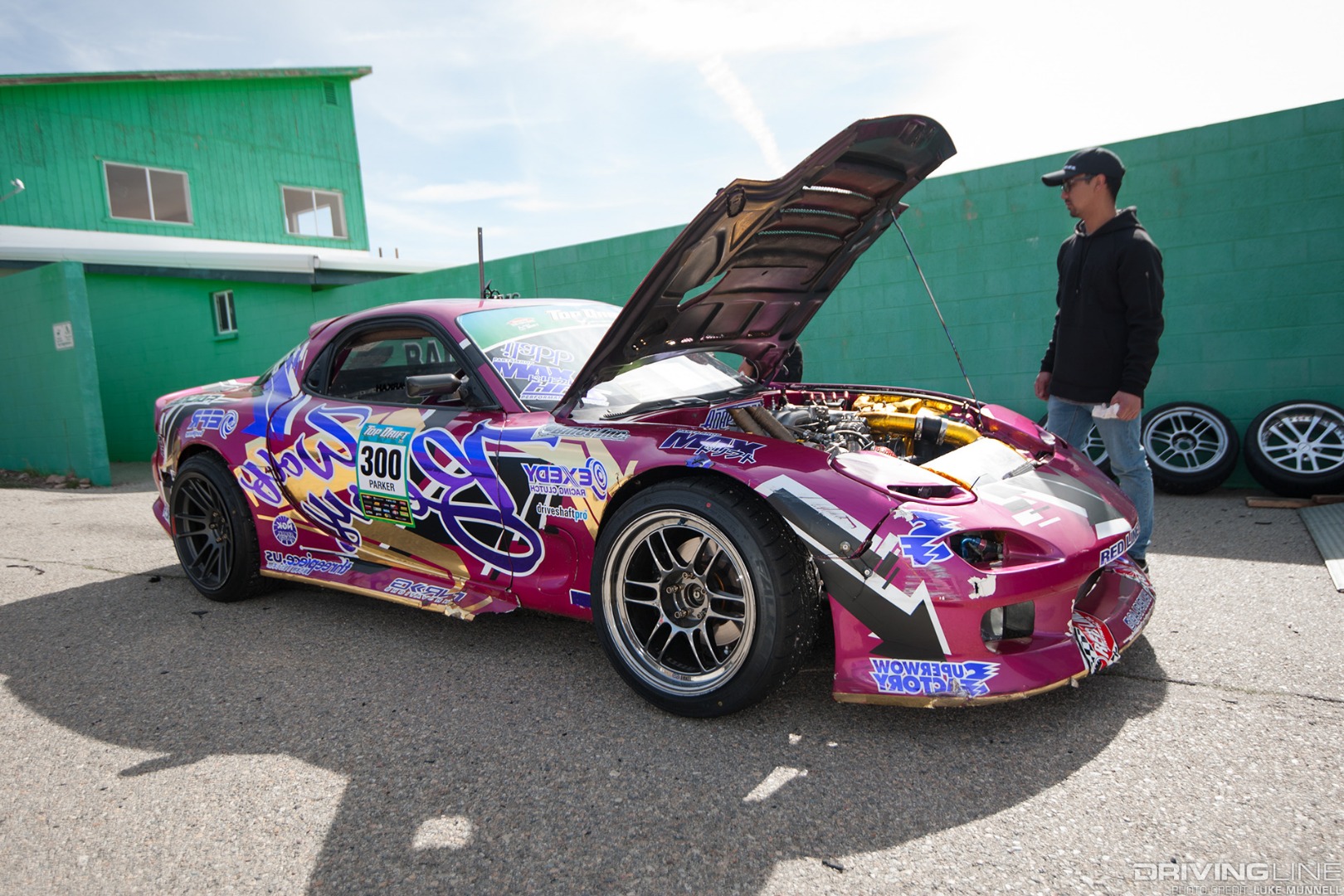 Top Drift round 1 socal pro-am drifting Aaron Parker FD3S Mazda RX-7 front parked
