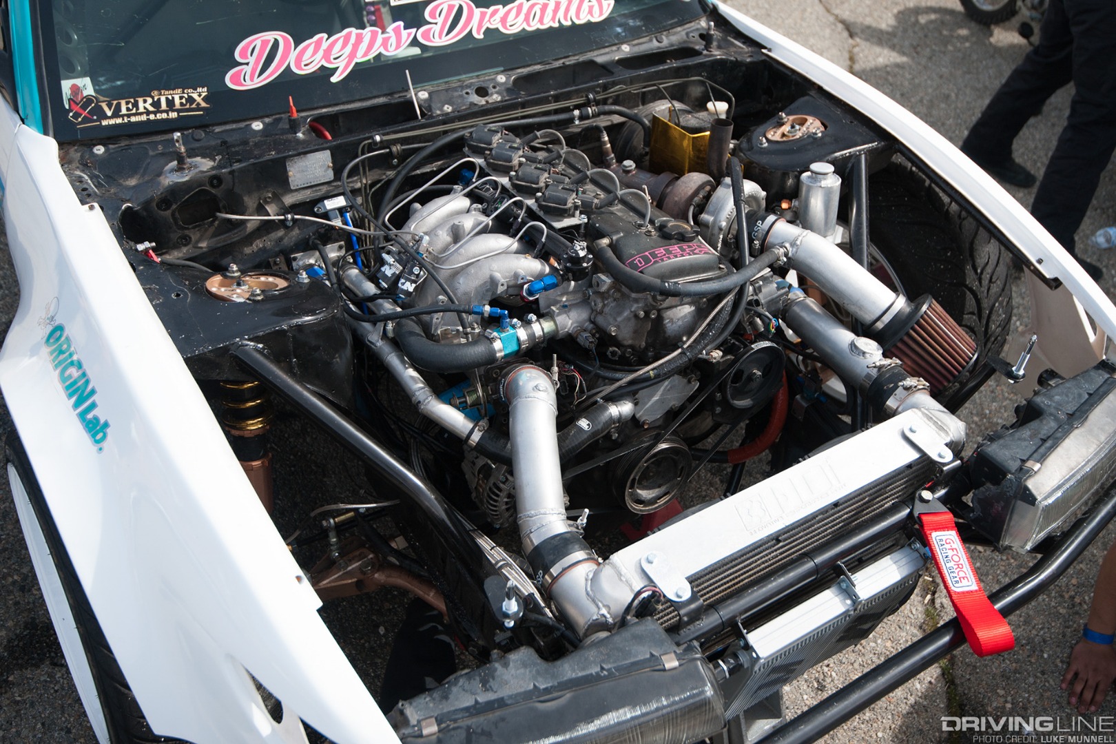 Top Drift round 1 SoCal pro-am drifting Shaun Doom white S13 Nissan 240SX fastback KA24DE turbo engine bay