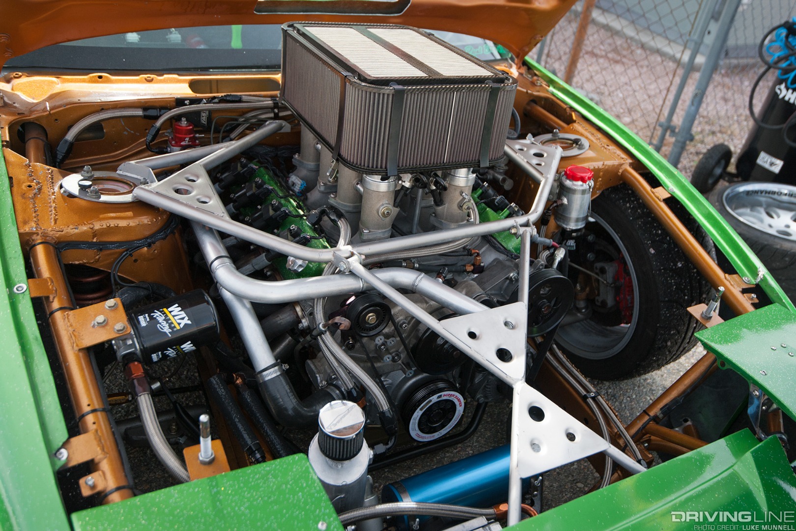 Top Drift round 1 SoCal pro-am drifting Pablo Cabrera green S13 Nissan 240SX fastback ITB V8 engine bay