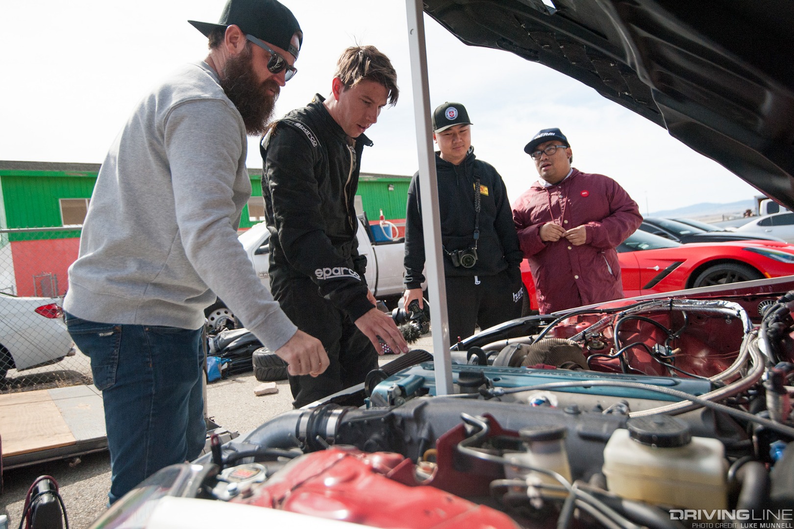 Top Drift round 1 SoCal pro-am drifting TJ Hunt Hunt & Co white Z33 Nissan 350Z Toyota 2JZGTE engine bay