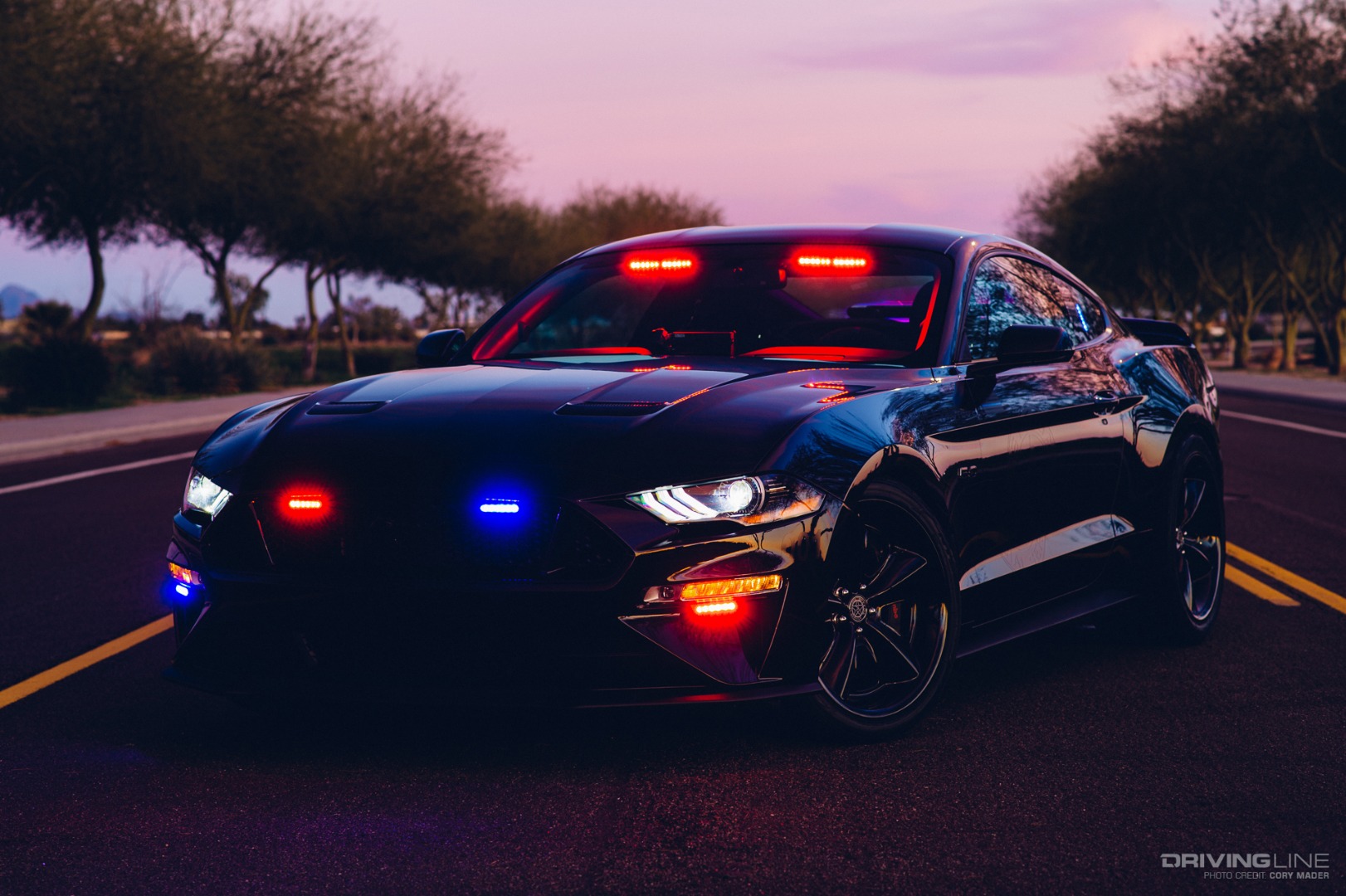 Steeda Special Service 5.0 Mustang on Nitto NT555 G2 - Front 3/4 Shot with lights on