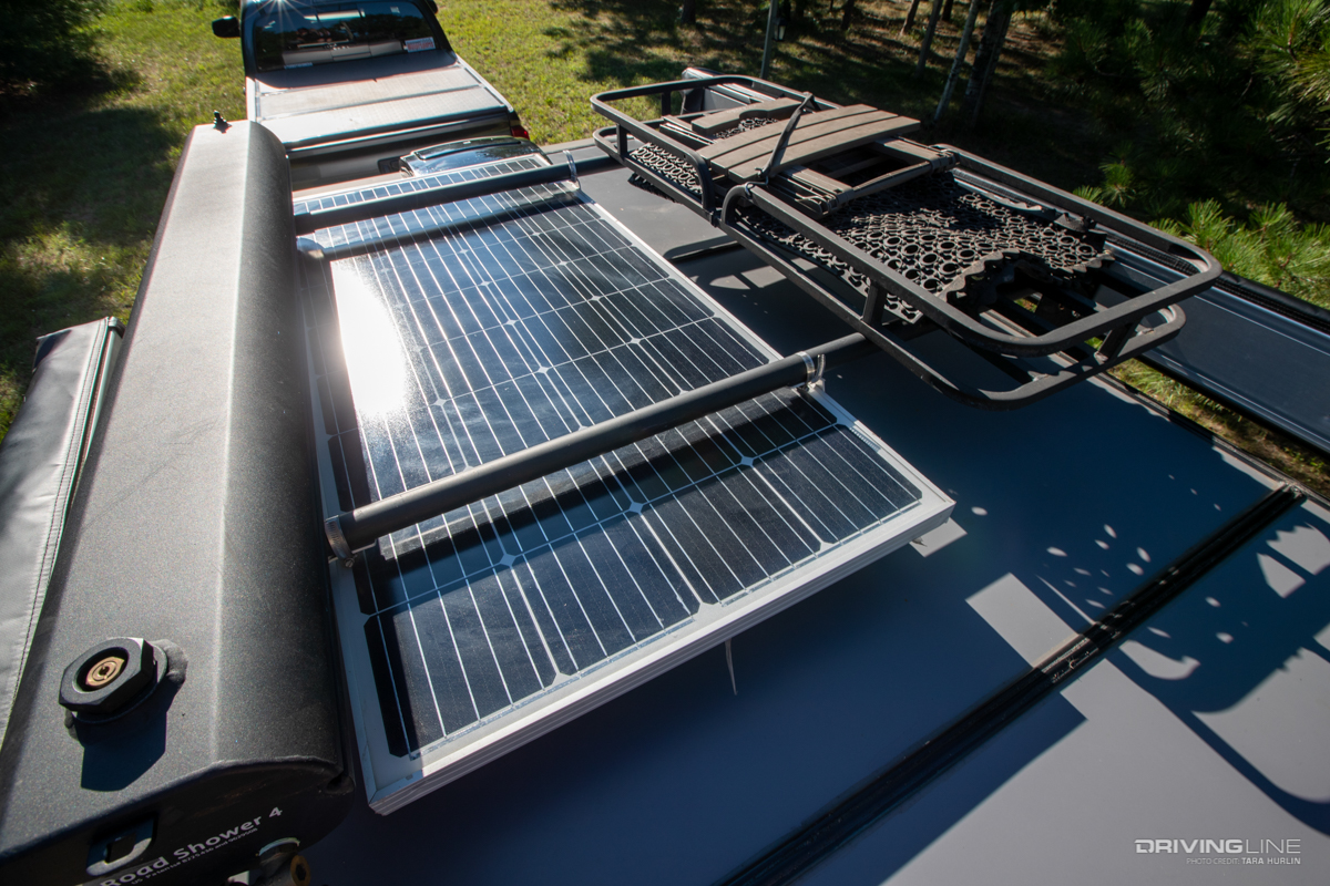 Solar panel setup on off-road camping trailer