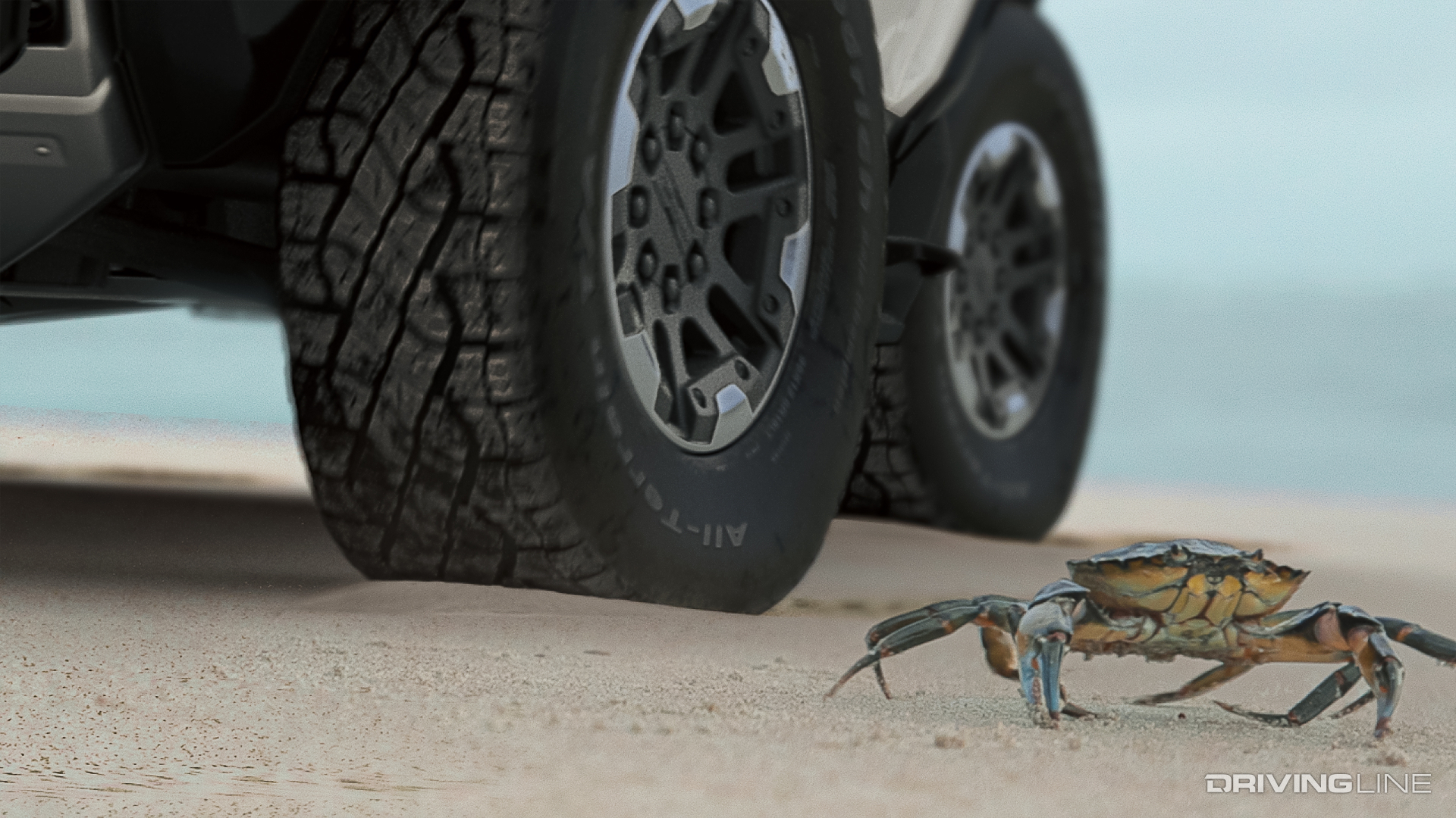 Hummer EV Wheels and Tires On Sand With Crab