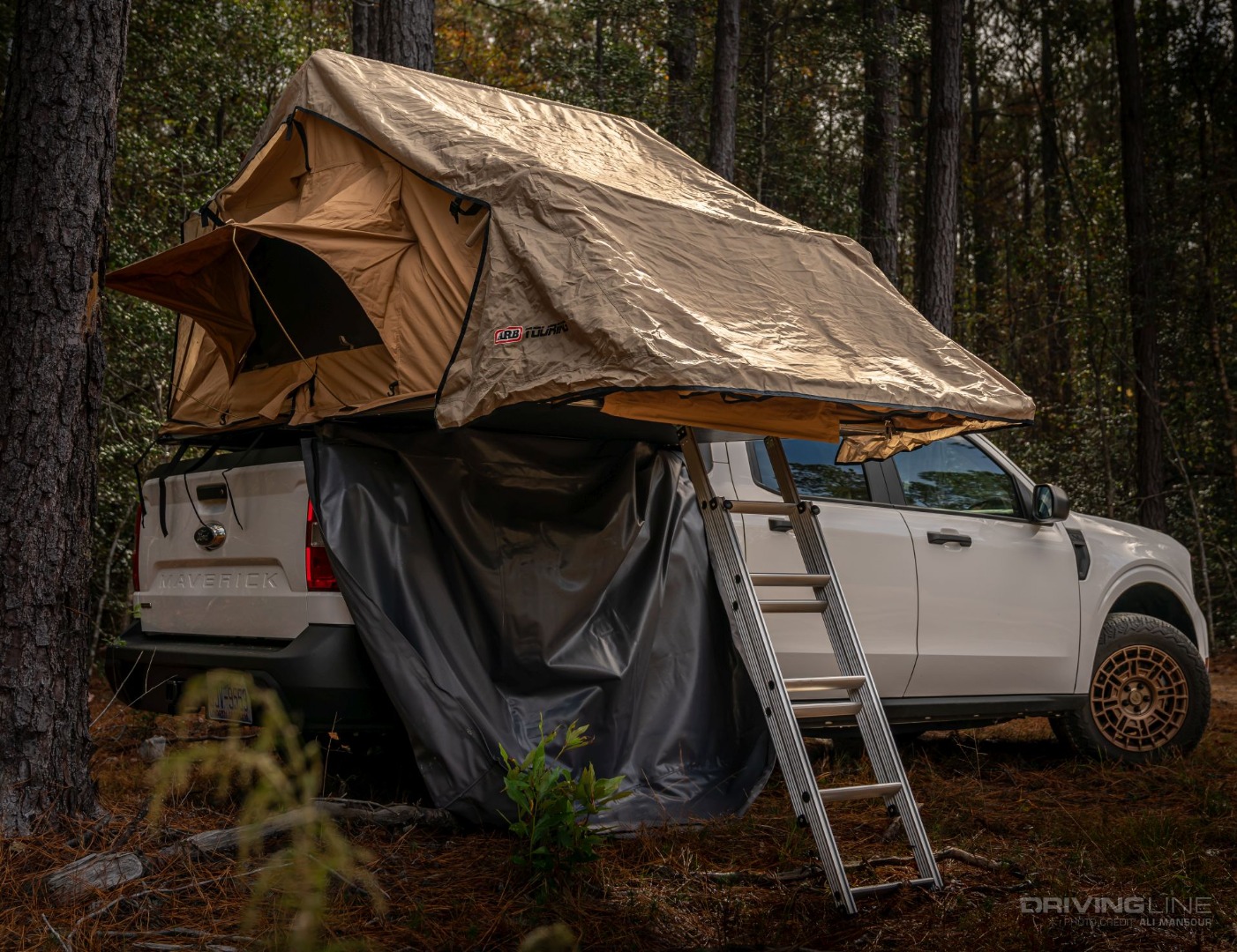 2022 Ford Maverick Hybrid XL Overland with rack mounted bed tent for family camping