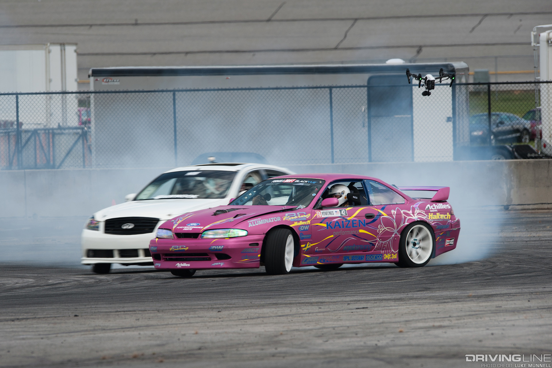 Kelsey Rowlings in her pink Ford 5.0L-powered Nissan S14 240SX