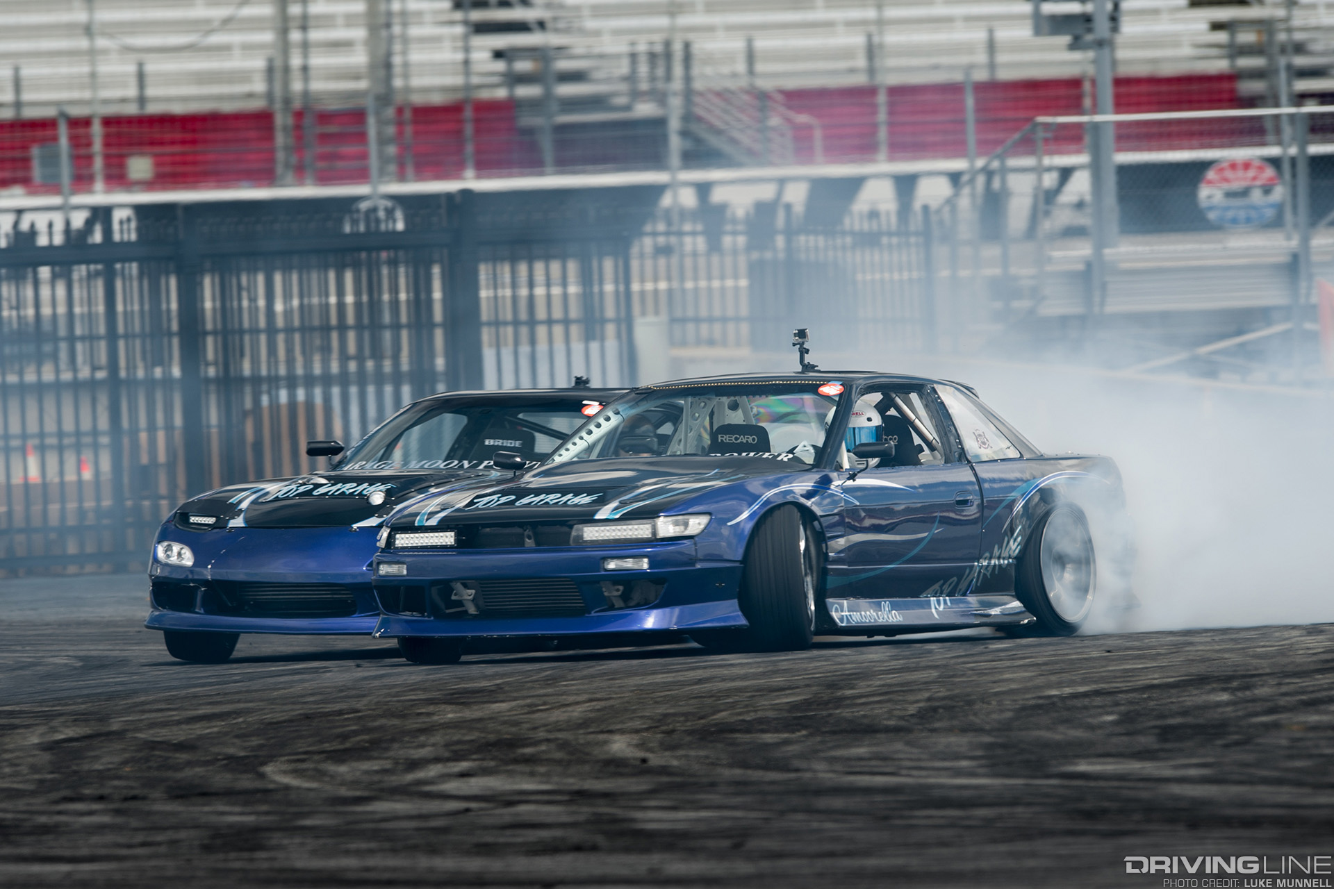 Top Garage's Chris Ward in his blurple FD Mazda RX-7 and Vincent Moore in his blurple S13 Nissan 240SX
