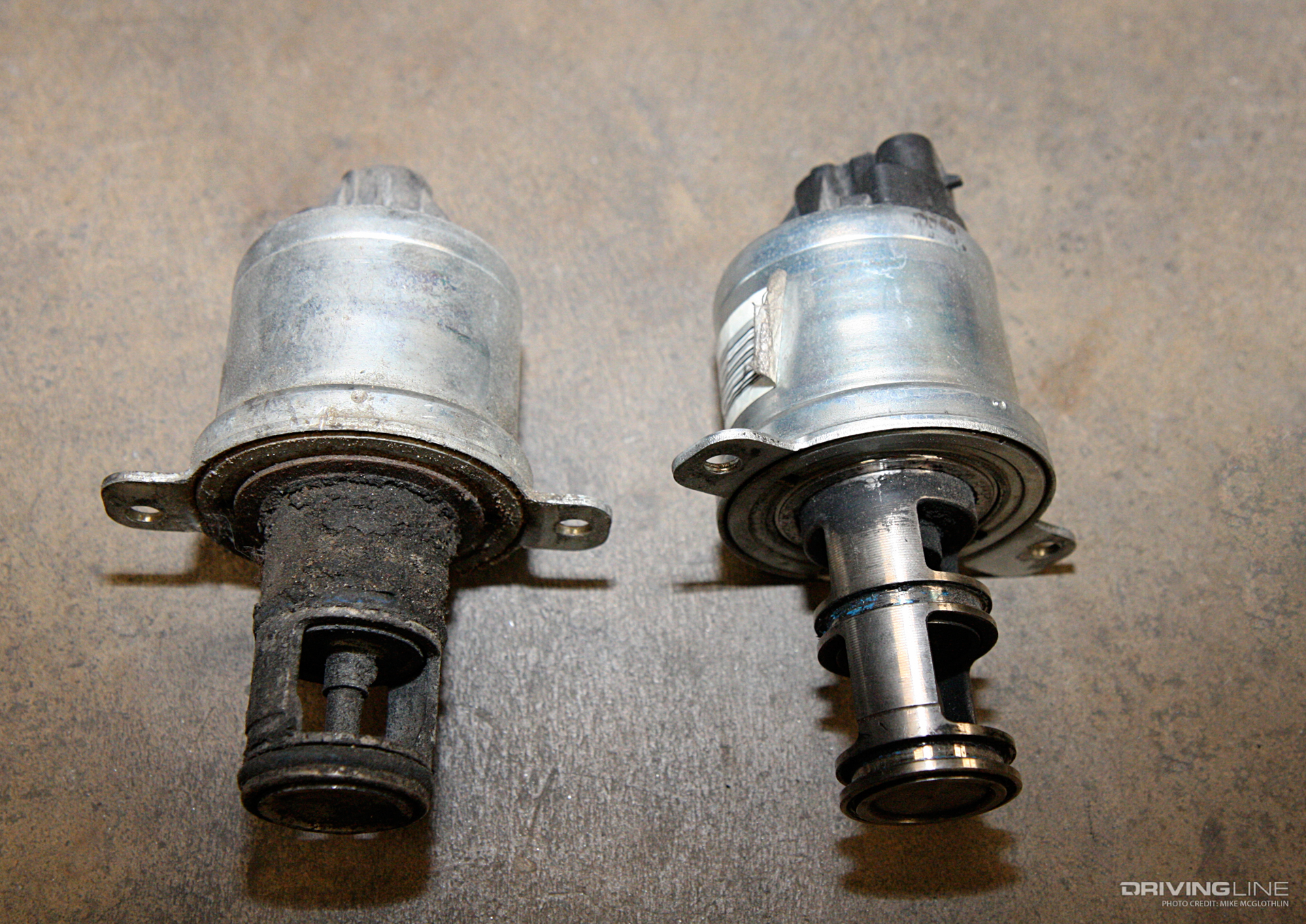 a dirty EGR valve next to a freshly cleaned unit for 6.0L Power Stroke