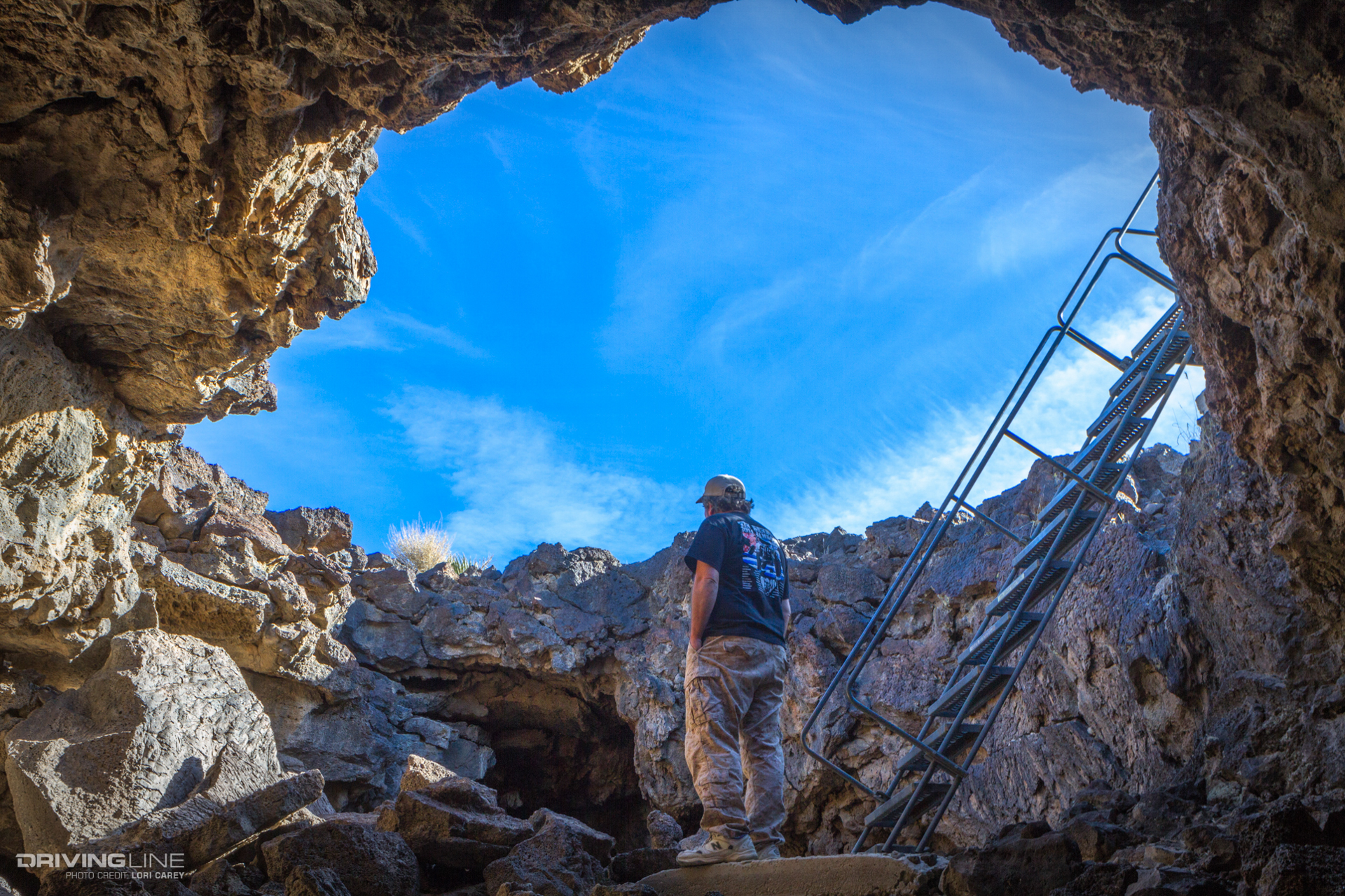 ladder at entrance of lava tubes in Mojave National Preserve