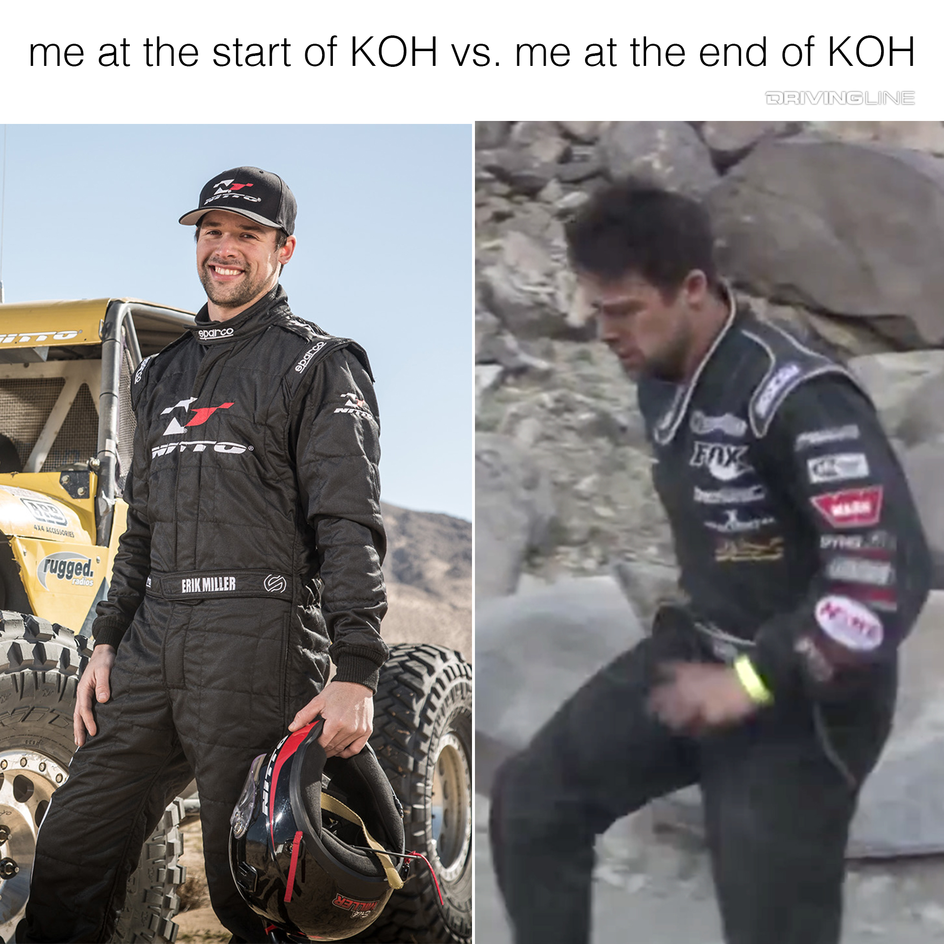 Erik Miller meme - "me at the start of KOH vs. me at the end of KOH"