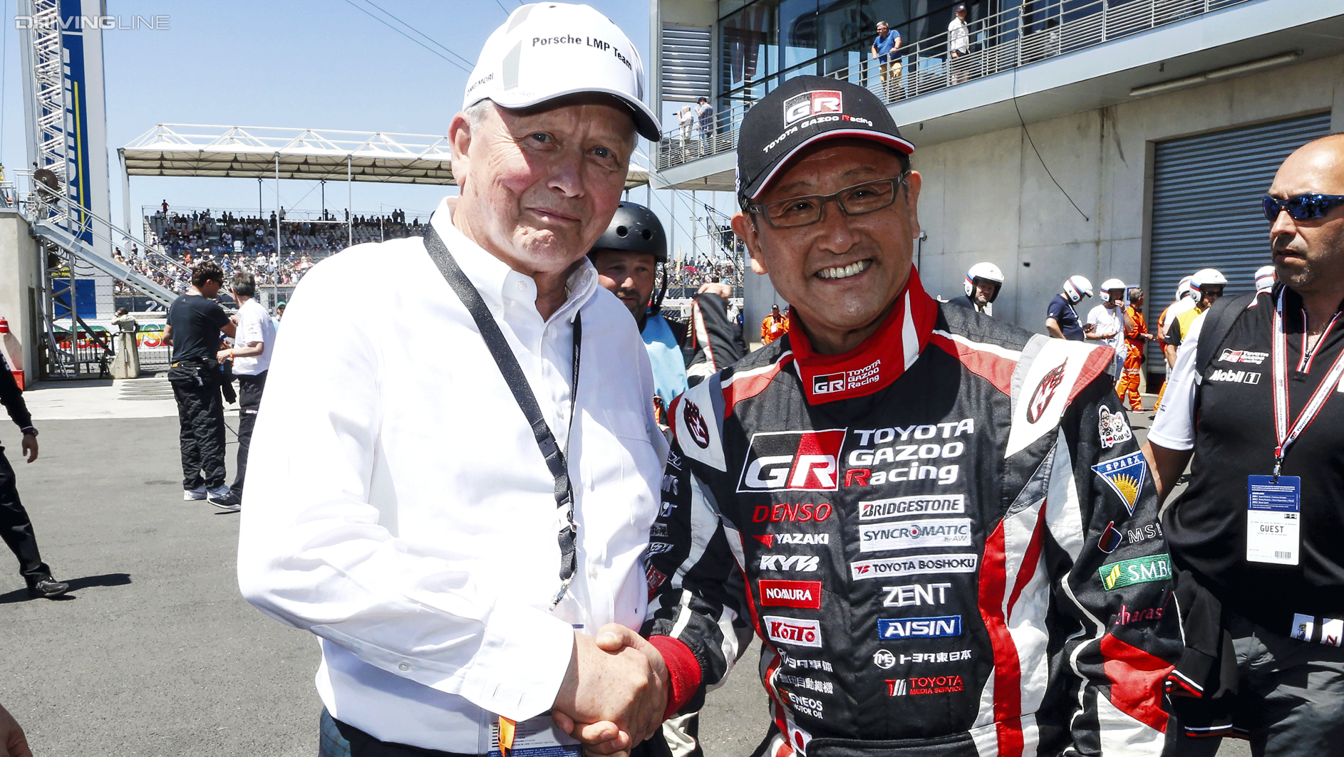 high dr wolfgang porsche chairman of the porsche supervisory board akyo toyoda chief executive officer toyota fia wec le mans 24 hour le mans 2017 porsche ag