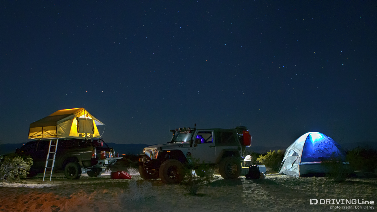 Camped under the stars near Soda Dry Lake, traveling the Mojave Road