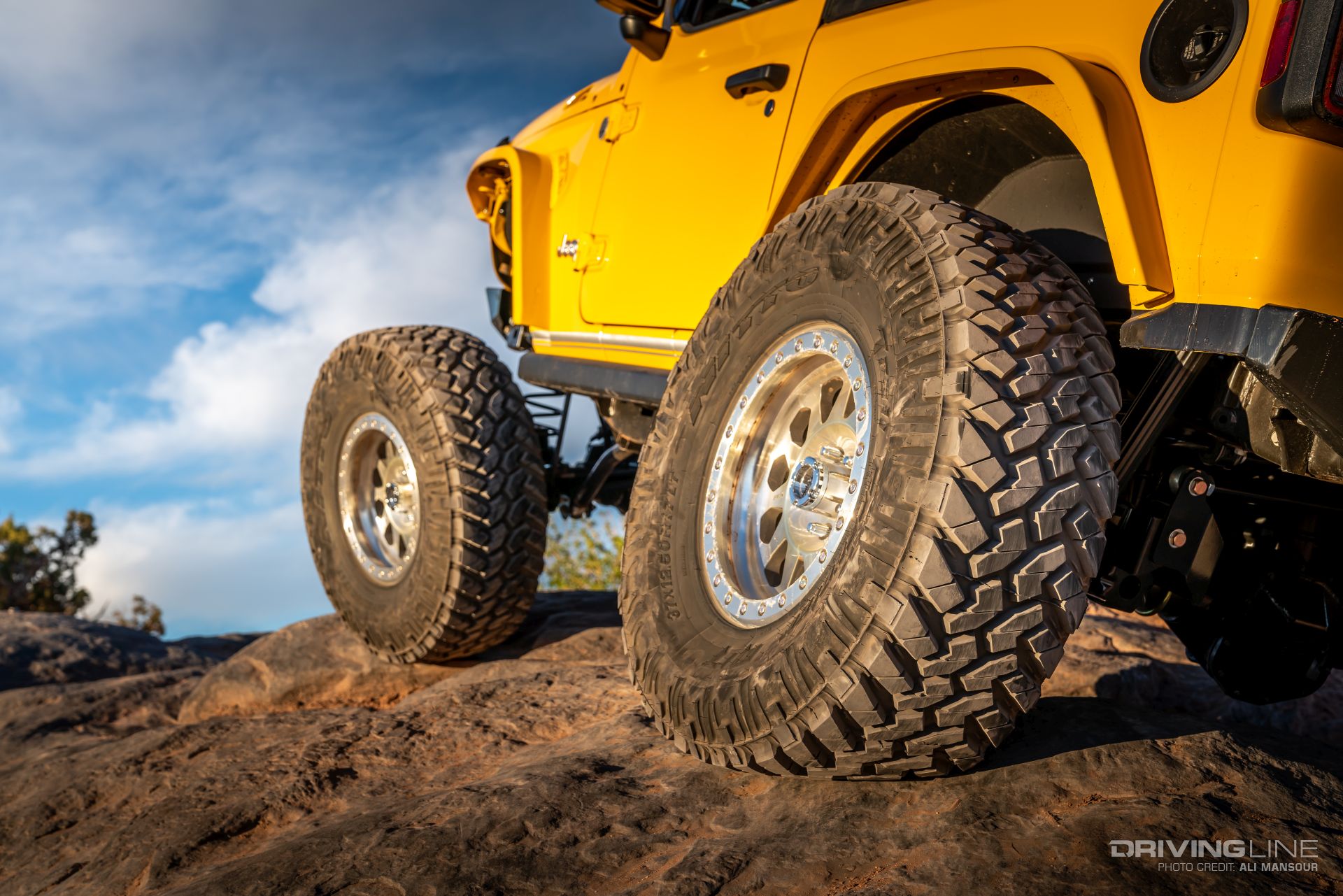 Jeep Wrangler on Nittos yellow from rear