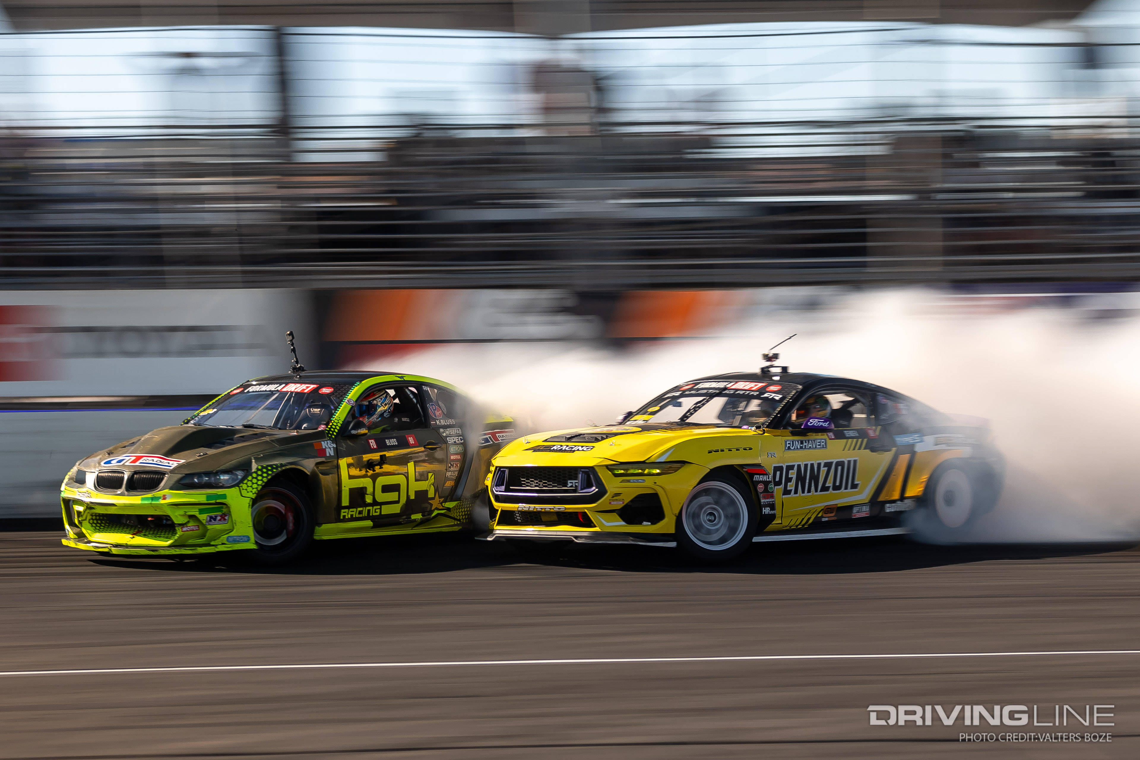 Kristaps Bluss tandem drifting against Chelsea DeNofa at 2023 Formula Drift Irwindale