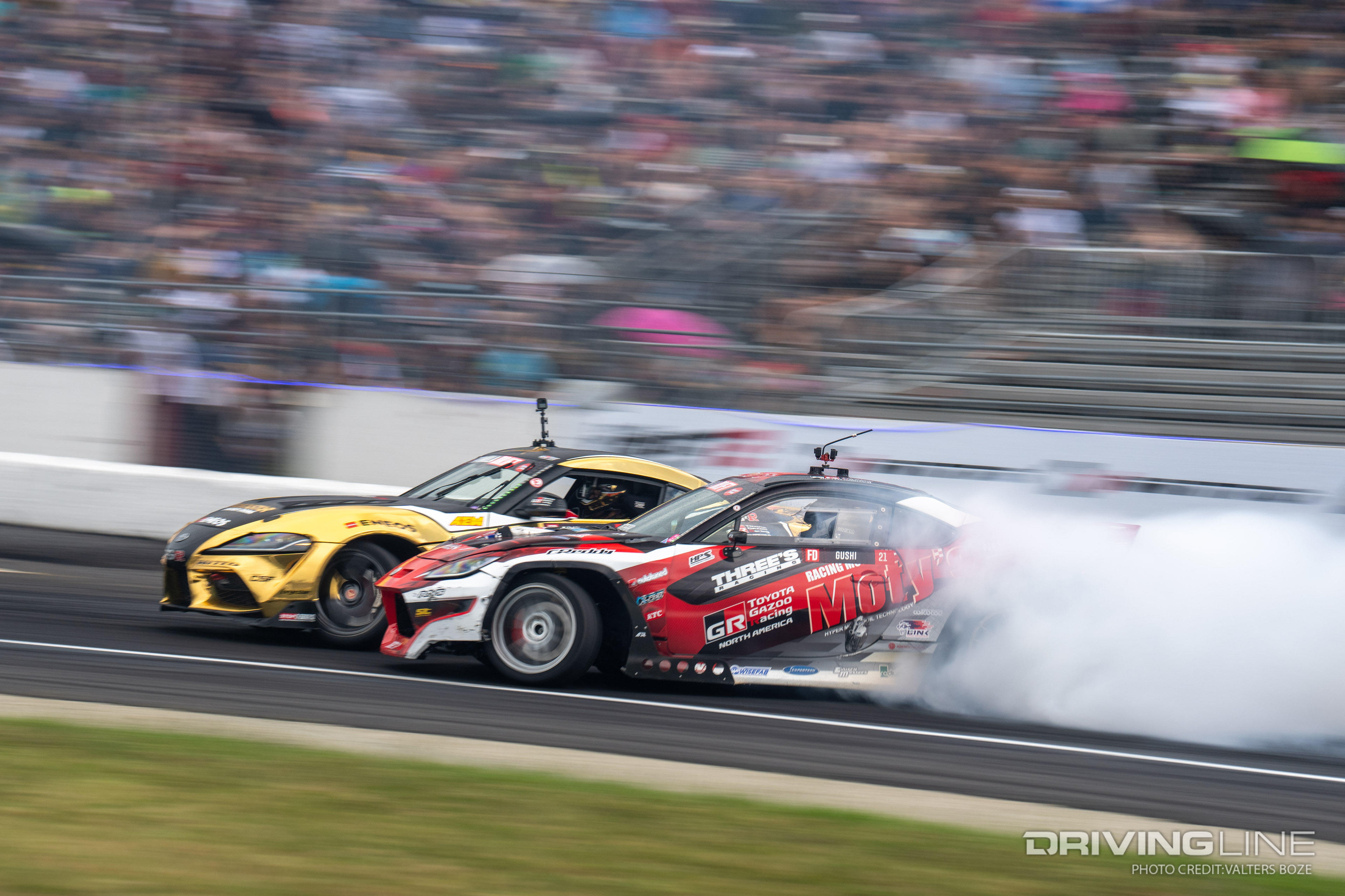 Fredric Aasbo tandem drifting against Ken Gushi at 2023 Formula Drift New Jersey Englishtown Raceway