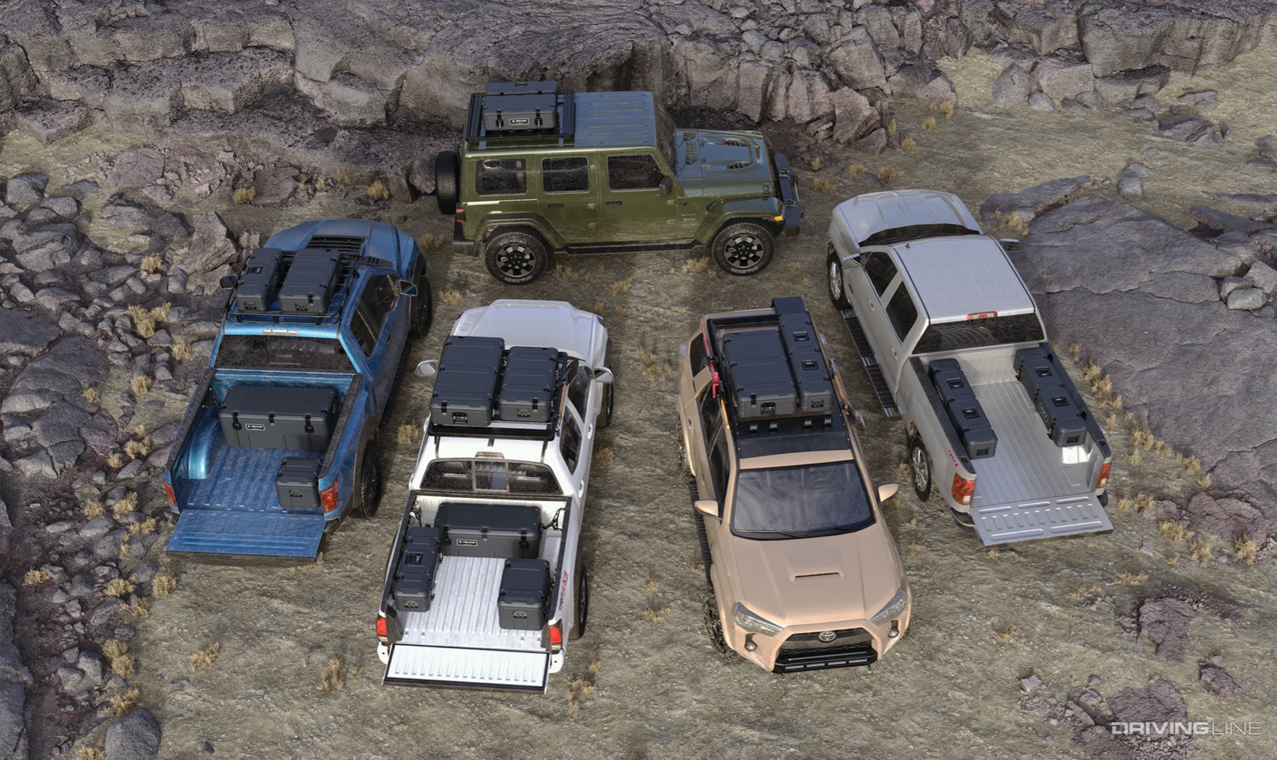 Group of overlanding trucks and SUVs