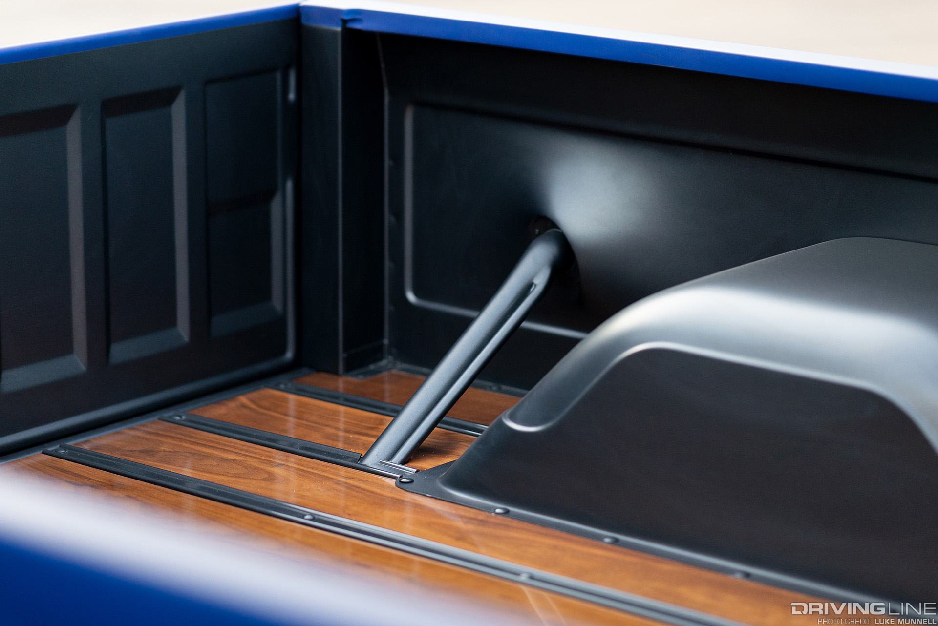 Bed and filler tube detail in lowered classic chevy restomod