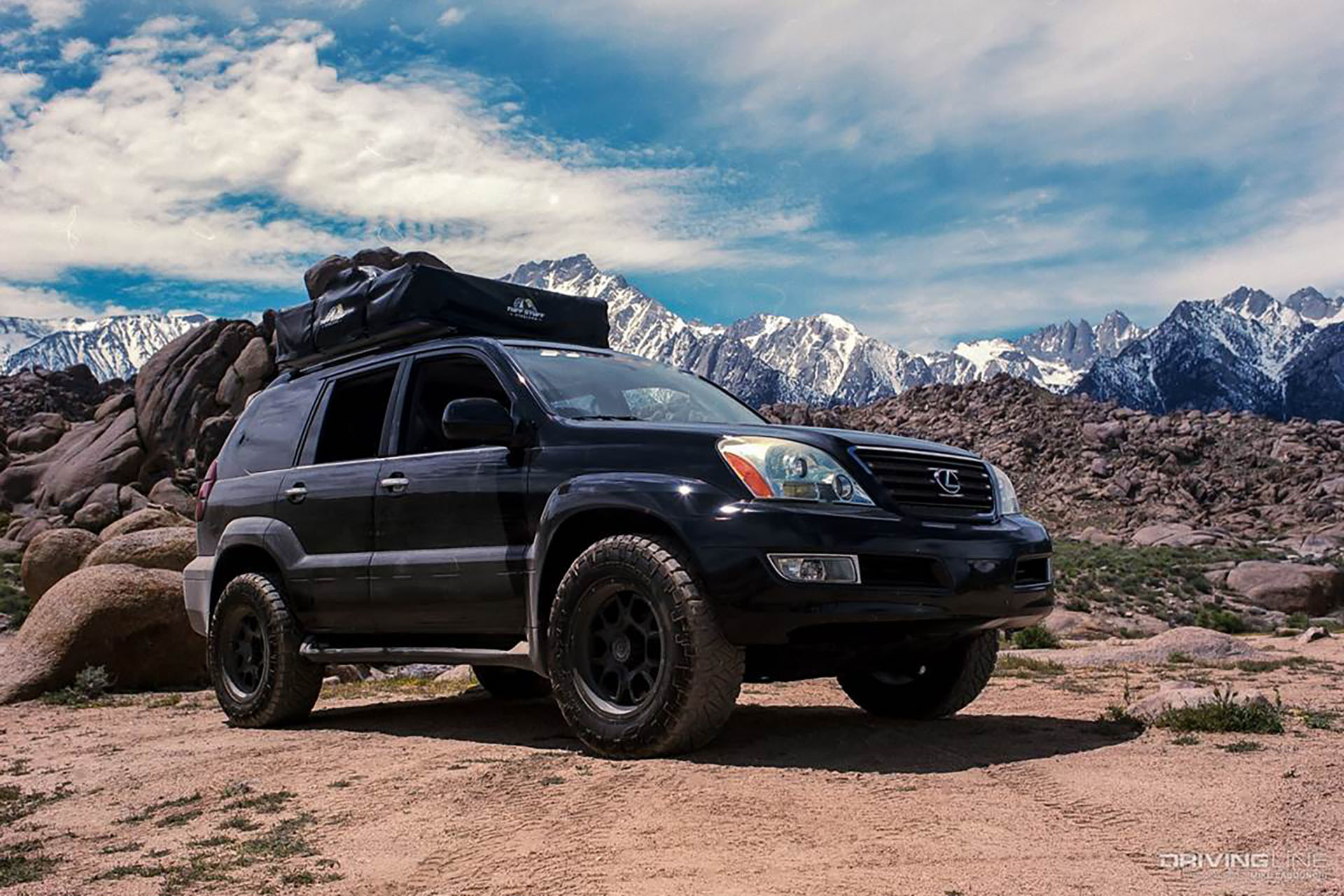 Overland Lexus with roof tent on Ridge Grappler tires