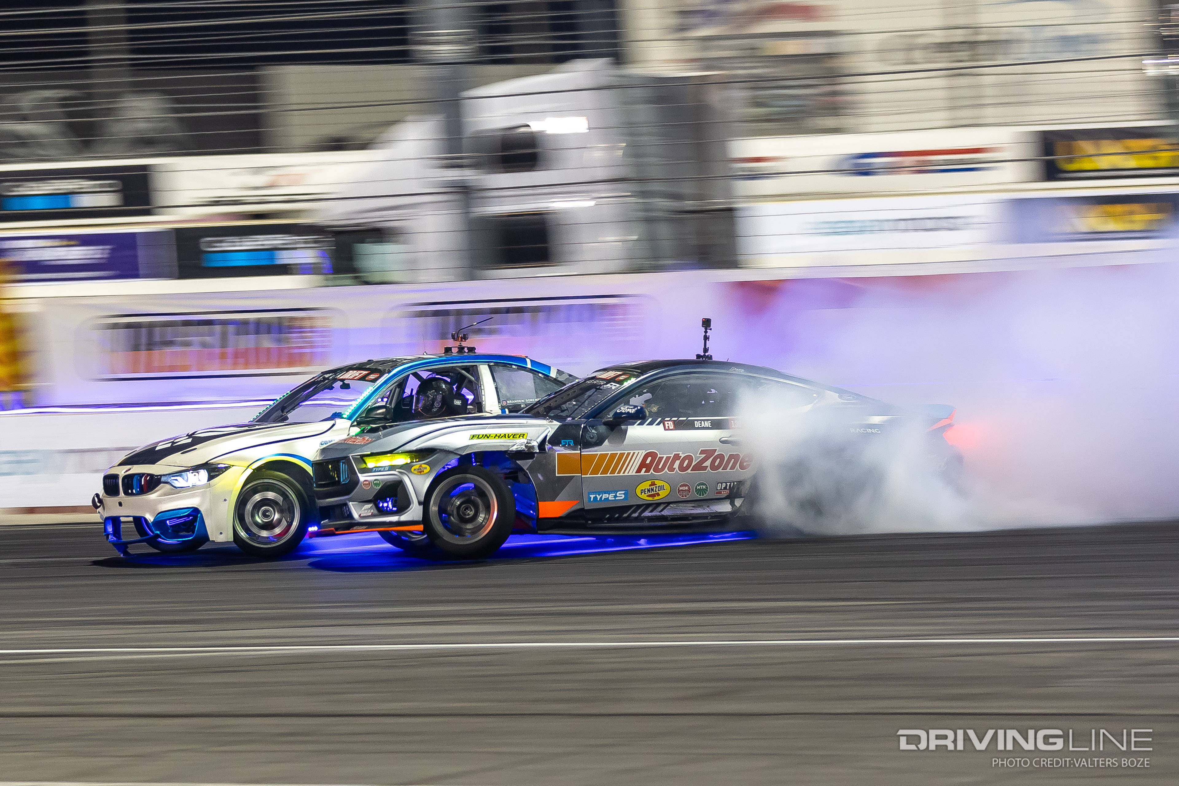 Brandon Sorenson tandem drifting against James Deane at 2023 Formula Drift Irwindale