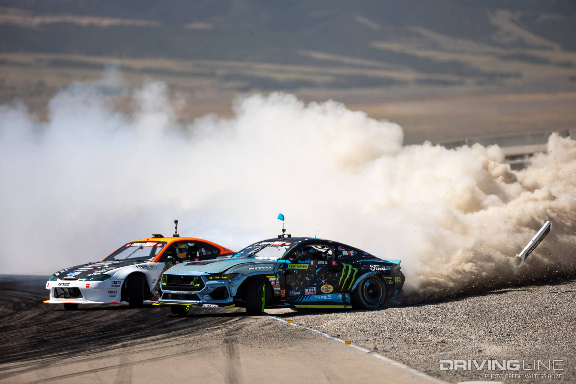 Vaughn Gittin Jr. tandem drifting against Odi Bakchis at 2023 Formula Drift Utah