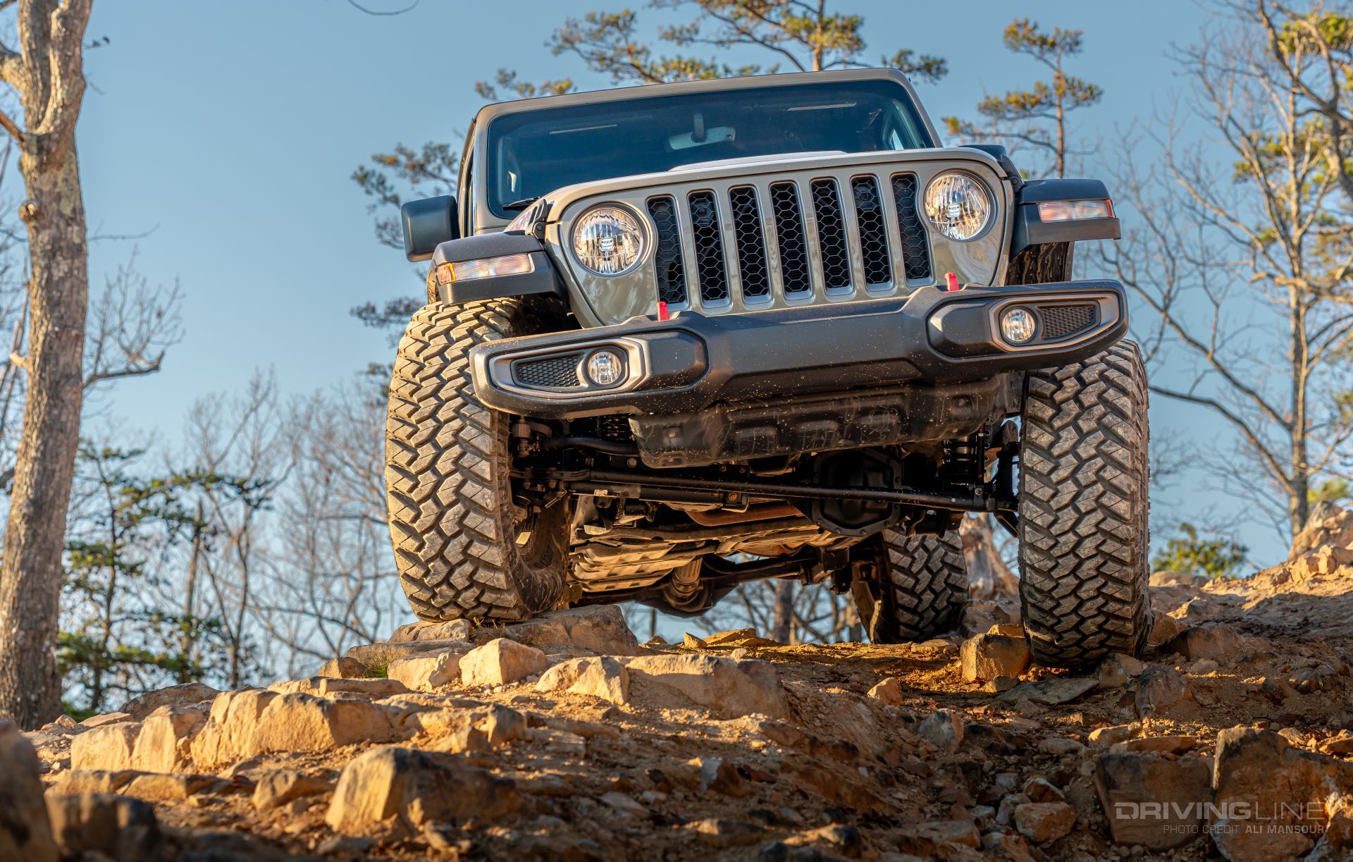 Jeep Gladiator Rubicon on 38s front view stock plastic bumper
