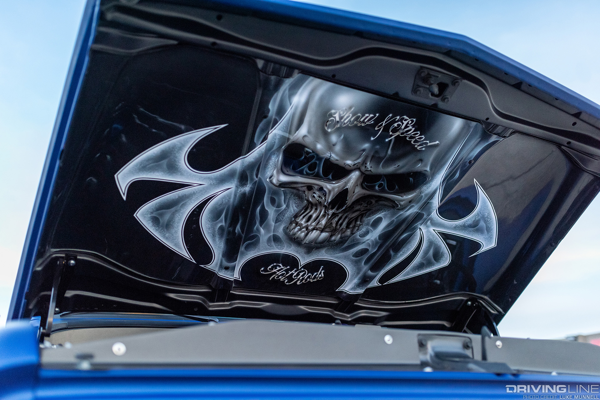 blue devil silverado under hood airbrush close up