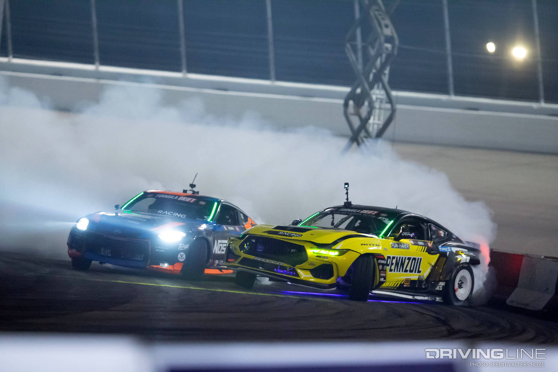 Chris Forsberg tandem drifting against Chelsea Denofa at 2023 Formula Drift St. Louis round 5