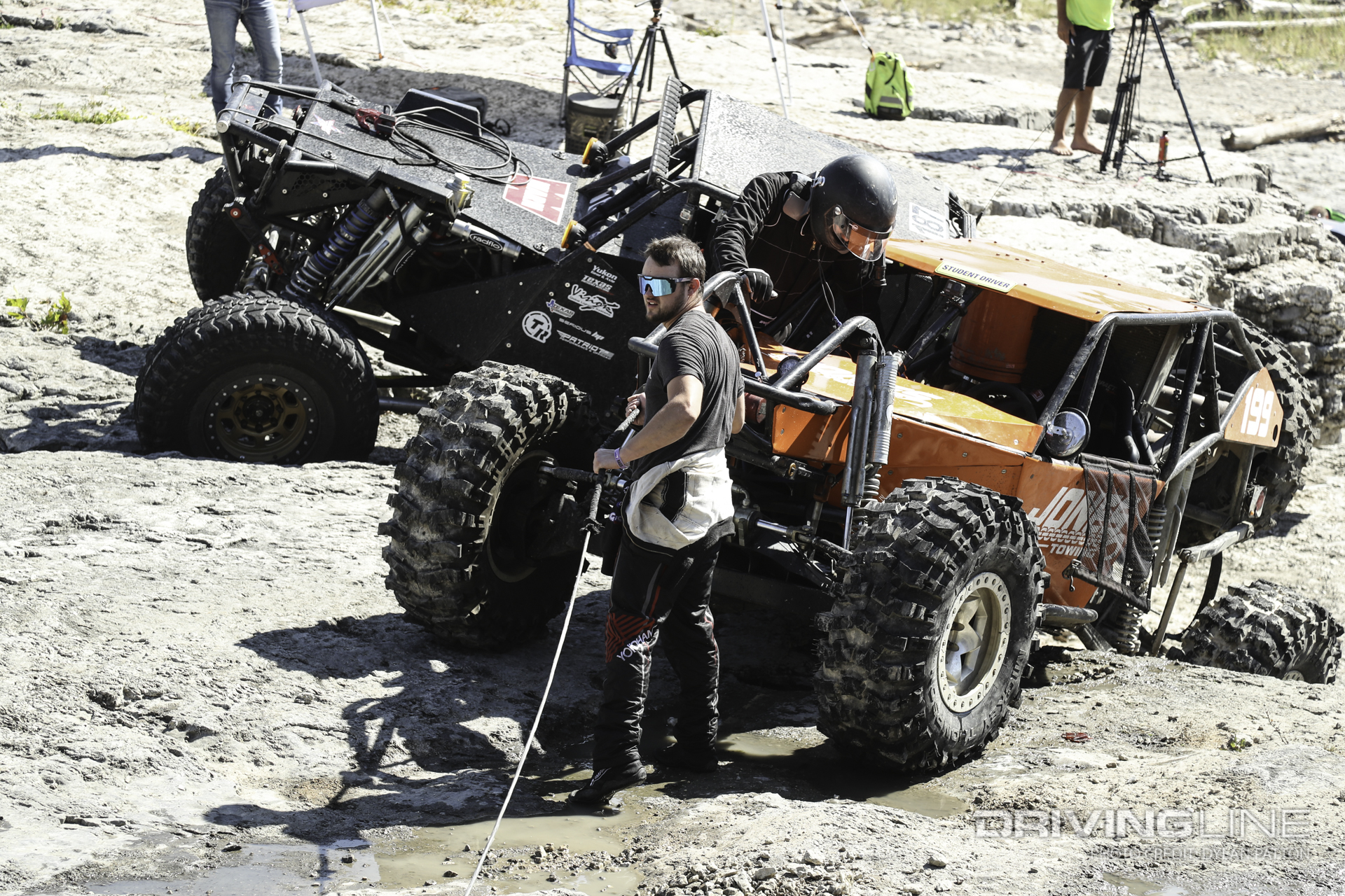 Levi Shirley broke and hopped out to help his fellow racers